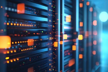 Futuristic data center with glowing orange and blue LED server lights, ideal for concepts in cybersecurity, data transmission, and digital infrastructure technology
