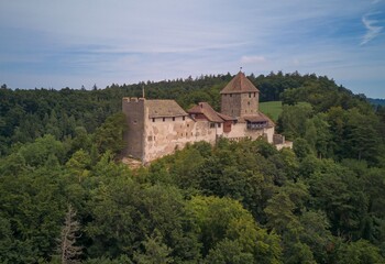 Fototapeta premium Aerial view of medieval castle in lush forest.
