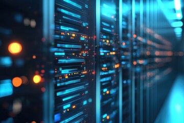 Advanced data center interior with glowing server racks and digital LED indicators, ideal for showcasing cloud technology, network systems, and IT infrastructure themes