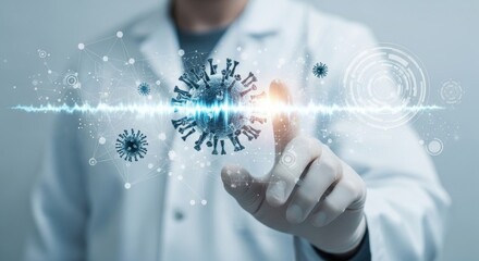 Researcher Interacting with Digital Virus Representation