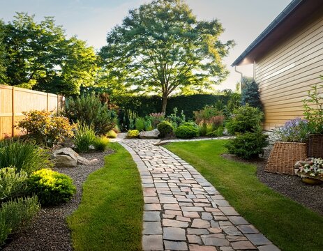 landscaped backyard with stone path