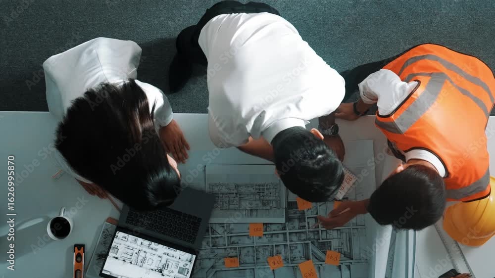 Poster top view of smart architect and skilled civil engineer team working together to design building cons