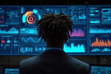 Business person overwhelmed with dread gazing at a massive wall of monitors in a dimly lit room, exuding anxiety and apprehension - Fear