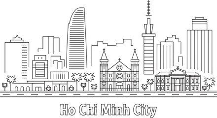 Fototapeta premium Ho Chi Minh Cityscape Outline Vector Illustration with Skyscrapers and Saigon River