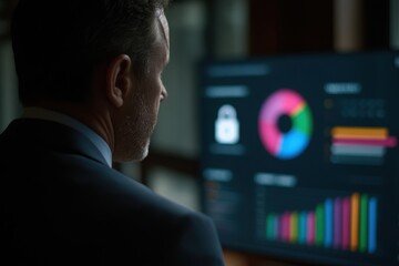 Businessperson in a Min suit intensely looking at a computer screen from behind - Profession