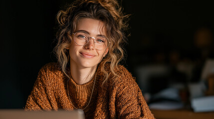 Young woman wearing glasses smiles warmly while working on a laptop, radiating confidence and creativity.