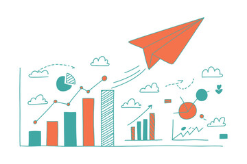 Illustrated paper airplane soars above charts and graphs in a business themed presentation