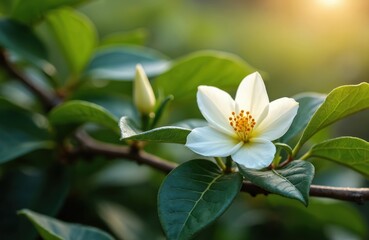 Fototapeta premium White camellia tea flower blooms on branch in plantation. Fresh green leaves and bud surround delicate petals with yellow center. Sunlit nature, agriculture, botany detail.