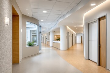 Modern hallway featuring rubber flooring, natural light, and contemporary design elements