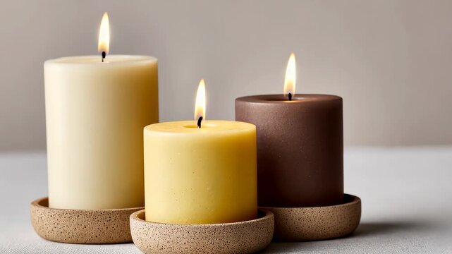 Flickering candlelight trio with gradual flame movement in minimalist setting