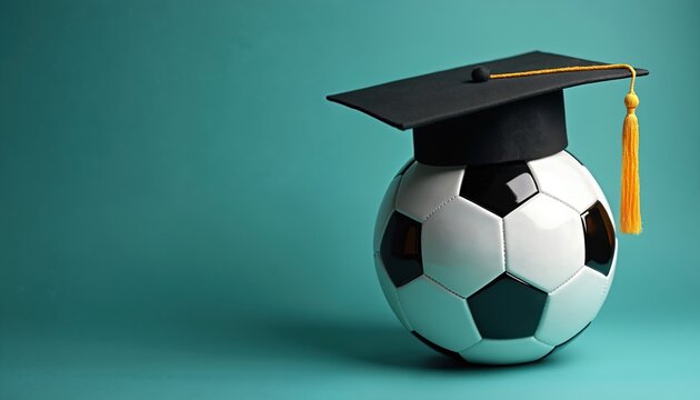Soccer ball wearing graduation cap. Symbolizes sports and education achievement, academic success, athletic accomplishment. Unique concept, teal background, mortarboard, diploma, university.