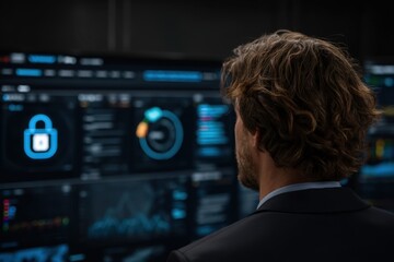 Businessperson in a formal min suit intently looking at a large screen from behind, analyzing data - Profession
