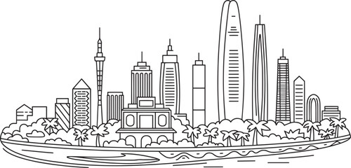 Obraz premium Miami Skyline Line Art with Skyscrapers, Palm Trees, and Ocean View Vector Illustration Design