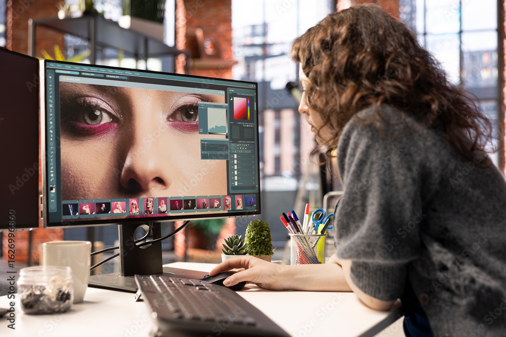 Poster woman expert developer works with photo editing software in the creative workspace, digital media. u
