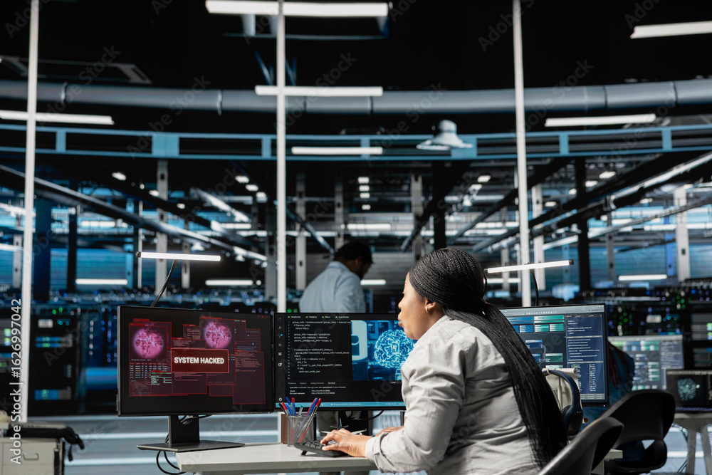 Poster artificial intelligence data center system administrator disturbed by virus breaching security. afri