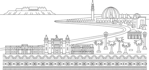 Oman Skyline Vector Illustration Muscat Landmarks Outline Style Middle East Architecture Design