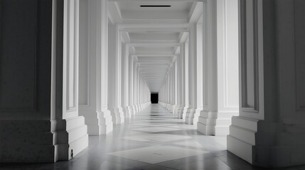 Obraz premium Monochromatic Architectural Corridor Elegant Columns and Geometric Floor