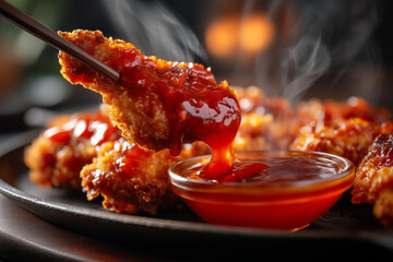 Plakat Taiwanese crispy fried chicken leg dipped in thick red sauce with chopsticks, steaming street food snack with spicy glaze and golden crust