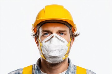 Portrait of male demolition expert wearing a dust mask and helmet in a controlled environment with a blank space for call-to-action
