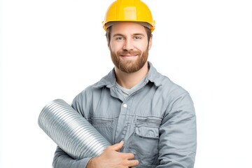 HVAC technician holds ductwork while wearing a hard hat in a clear studio space ideal for displaying professional skills and trade expertise