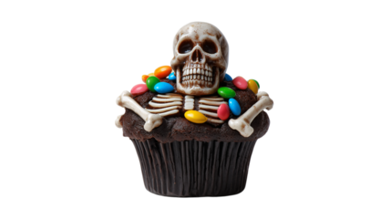 Skull Cupcake with Bones and Candies on Backdrop