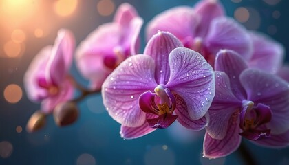 Macro view of delicate purple orchid flowers with water droplets on petals. Soft bokeh background with warm light creates elegant atmosphere. Ideal for wedding invitations, beauty blogs, botanical