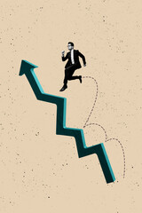 Sketch image 3d pop banner collage of purposeful businessman run arrow development success aim achievement determination