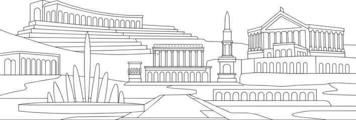 Fototapeta premium Yerevan Skyline Silhouette Vector Illustration with Cascade Complex Outline Design