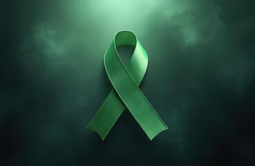 Green awareness ribbon support for various causes like mental health, environment, charity. Elegant satin ribbon on smoky, dark green background represents hope, solidarity, advocacy for important