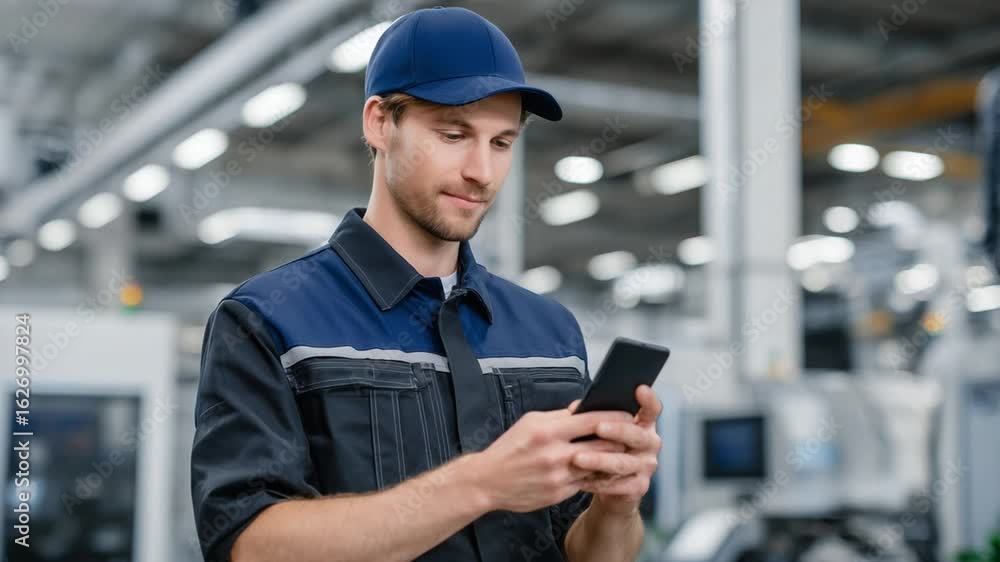 Poster a factory technician uses a smart device app to oversee energy consumption and environmental control