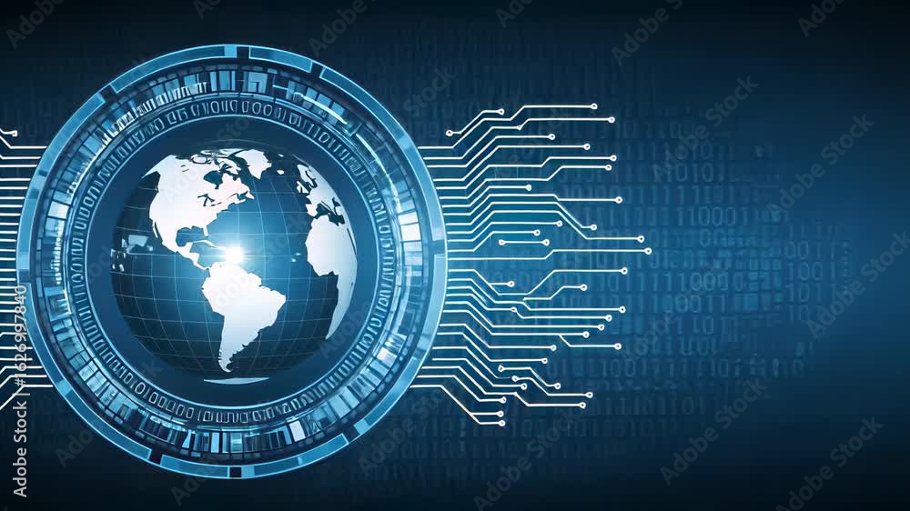 Poster dynamic zoom into a glowing globe surrounded by digital circuitry showcasing global technology integ