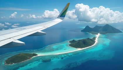 Airplane wing flies over tropical islands with turquoise ocean. White clouds in blue sky visible from plane window. Scenic aerial view during flight, journey to paradise destination.
