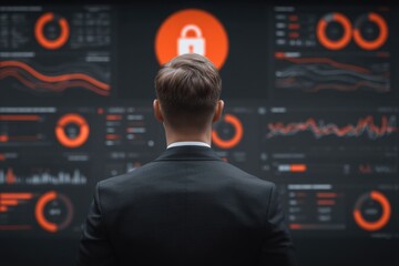 A business person in a min suit intently looking at a complex wall of various graphs and charts analyzing data - Analysis