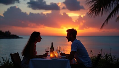 Silhouettes of couple enjoying romantic candlelit dinner by ocean at sunset. Share special moment together on tropical beach. Enjoying wine, conversation during twilight, creating luxurious, intimate