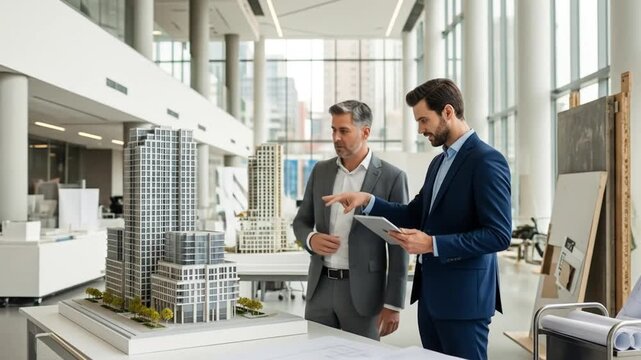 Discussing Architectural Model in Bright Office Space with Tablet