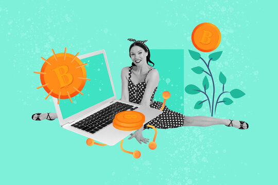 Full image pop contemporary photo collage of happy businessman businesswoman freelancer receive bitcoin coin transaction crypto