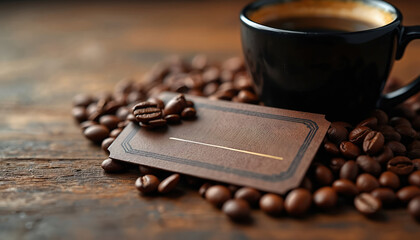 Close-up illustration featuring coffee beans, black coffee cup, blank coupon voucher card with decorative border. Ideal for promotions in cafes, restaurants, coffee shops, discounts, special offers.