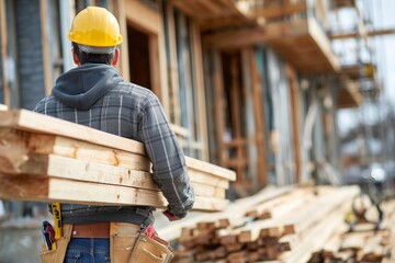 Fototapeta premium Realistic depiction of male site labourer in hard hat transporting lumber at construction site with framing studs and tools visible in background