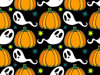 Autumn harvest vegetable seamless monster Halloween pumpkins pattern for wrapping paper and fabrics
