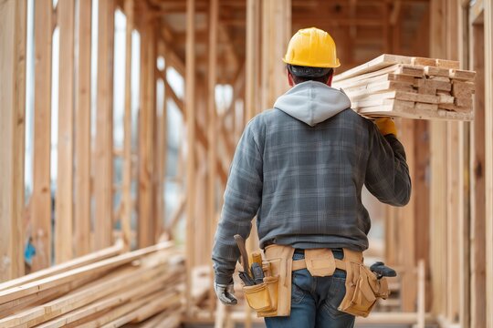 Realistic depiction of a male construction worker in hard hat carrying lumber with framing studs and tools visible in the background during a busy workday at a construction site - Powered by Adobe