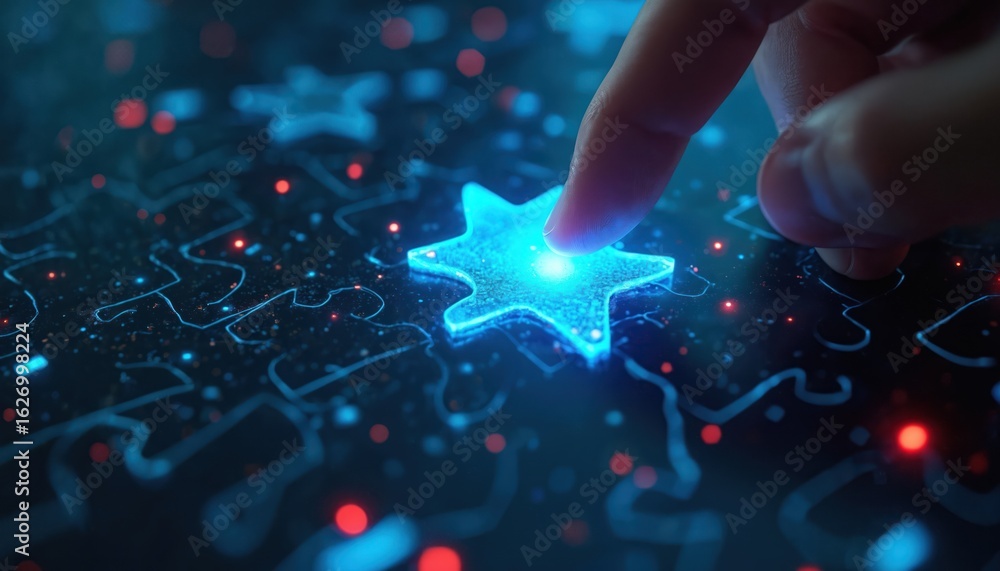 Poster digital artwork visualizes cybersecurity threats with puzzle concept, showing finger placing glowing