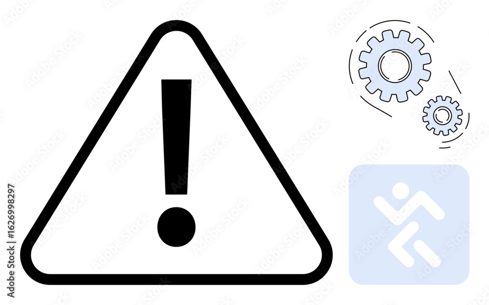 Poster black exclamation in triangular caution sign, gears highlighting process, figure running symbolizing