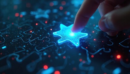 Digital artwork visualizes cybersecurity threats with puzzle concept, showing finger placing glowing star piece. Missing puzzle pieces represent system update vulnerabilities in cyberspace network.