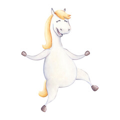 A cheerful dancing cartoon horse with a golden mane on a white background. Hand drawn watercolor illustration, perfect for children's books, greeting cards, game decor or themed educational materials