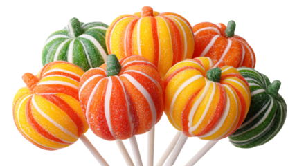 Striped Pumpkin Lollipops on Sticks Against Gray Scene