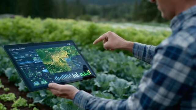 Interactive touchscreen display highlights yield variability across farm plots, allowing farmers to select zones on a digital map with crops visible in the background.