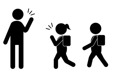 登校中に挨拶を交わす小学生と地域の大人のピクトグラム
