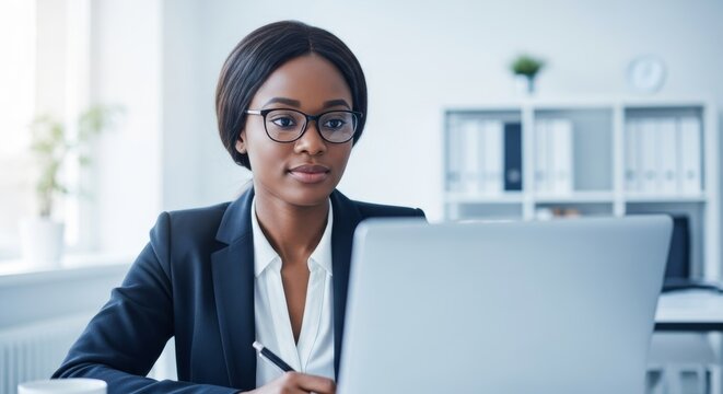 Confident professional woman working on laptop in modern office.