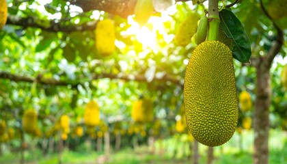 Jackfruit orchard with ripe fruit. Sunlight streams through lush green foliage