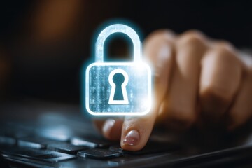 Person's hand holding a padlock on a laptop, symbolizing security and privacy - Protection